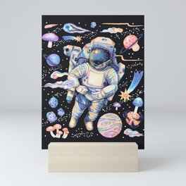 Spaceman Fungi Planets - black Mini Art Print