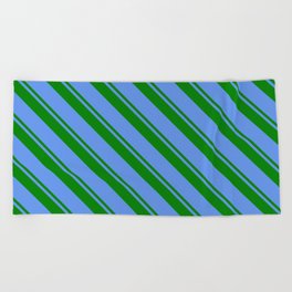 [ Thumbnail: Green and Cornflower Blue Colored Pattern of Stripes Beach Towel ]