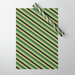 [ Thumbnail: Dark Khaki, Black & Sea Green Colored Lines Pattern Wrapping Paper ]