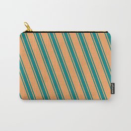 [ Thumbnail: Brown & Teal Colored Stripes Pattern Carry-All Pouch ]