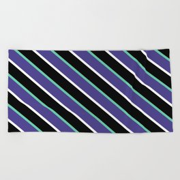 [ Thumbnail: Aquamarine, Dark Slate Blue, White, and Black Colored Striped/Lined Pattern Beach Towel ]