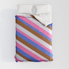 [ Thumbnail: Brown, Lavender, Hot Pink & Royal Blue Colored Lined/Striped Pattern Comforter ]