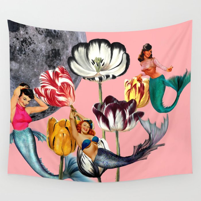 Mermaid Floral with moon Wandbehang | Collage, Digital-manipulation, Meerjungfrau, Fisch, Floral, Vintage, Fantasie, Surreal, Fantastic, Digital-collage