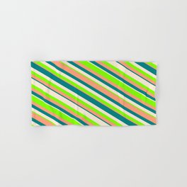 [ Thumbnail: Beige, Chartreuse, Light Salmon, and Teal Colored Lines Pattern Hand & Bath Towel ]