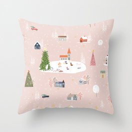 Seamless pattern Cute Christmas landscape in the town with fairy tale houses,car,polar bear playing ice skates and Christmas trees,Panorama flat design in village on Christmas eve Throw Pillow