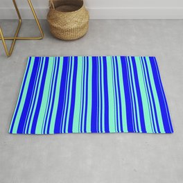 [ Thumbnail: Blue & Aquamarine Colored Striped Pattern Rug ]