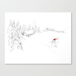 Winter Holiday Cabin & Snowman Canvas Print