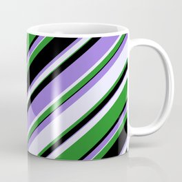 [ Thumbnail: Purple, Lavender, Forest Green & Black Colored Stripes Pattern Coffee Mug ]