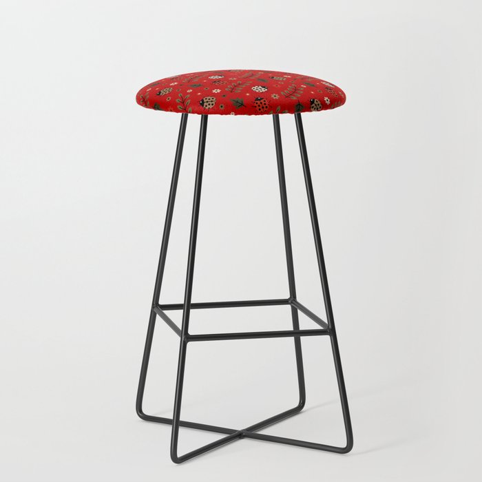 Ladybug and Floral Seamless Pattern on Red Background Bar Stool