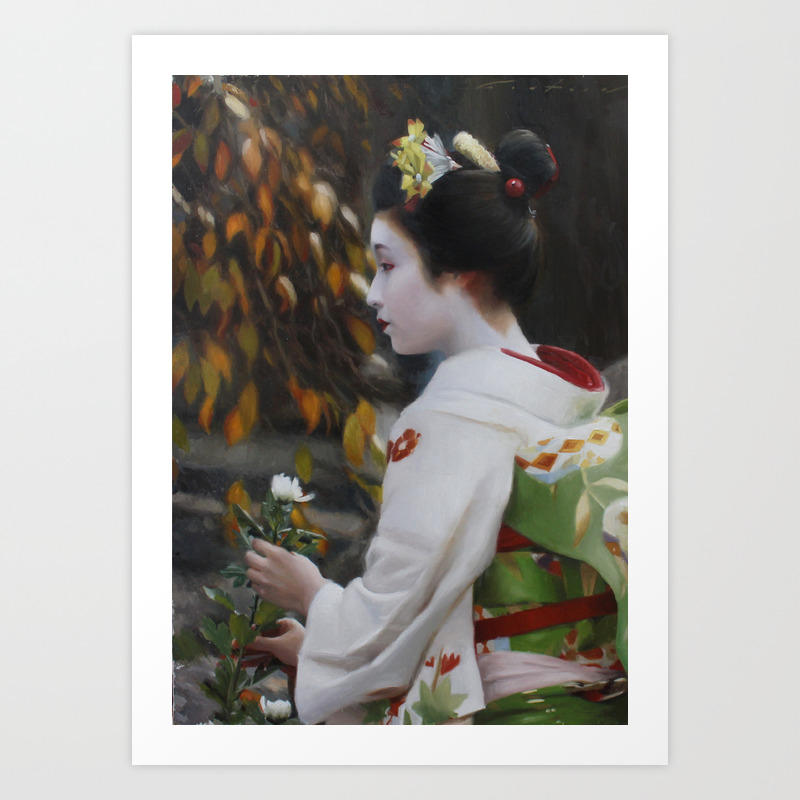 Chrysanthemum Oil Painting On Wood Japanese Geisha Maiko Art