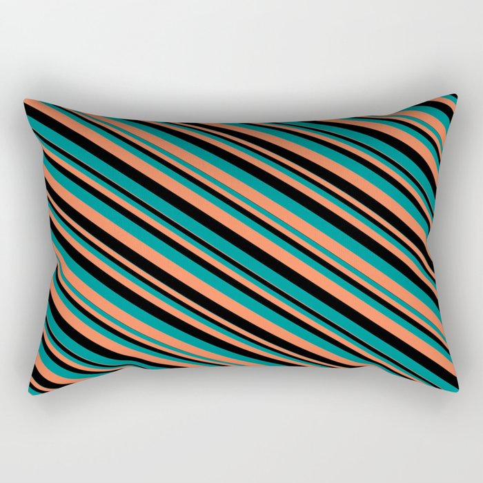 Black, Dark Cyan & Coral Colored Striped Pattern Rectangular Pillow