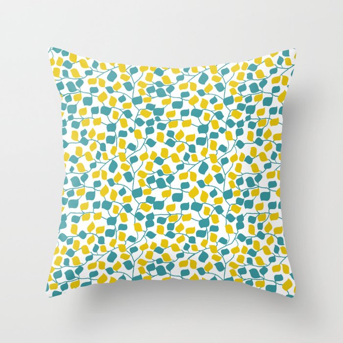 Branches and Leaves in Teal and Yellow Throw Pillow