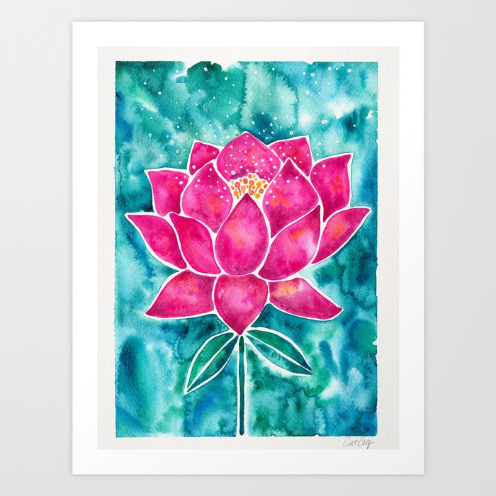 Sacred Lotus – Magenta Blossom with Turquoise Wash Art Print by Cat ...