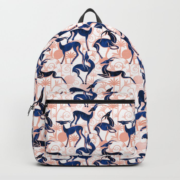 Deco Gazelles Garden // white background navy animals and rose metal textured decorative elements Backpack