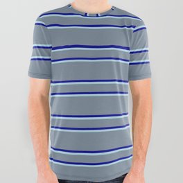 [ Thumbnail: Light Slate Gray, Dark Blue, and Light Blue Colored Stripes/Lines Pattern All Over Graphic Tee ]