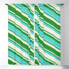 [ Thumbnail: Forest Green, Turquoise & Beige Colored Striped Pattern Blackout Curtain ]