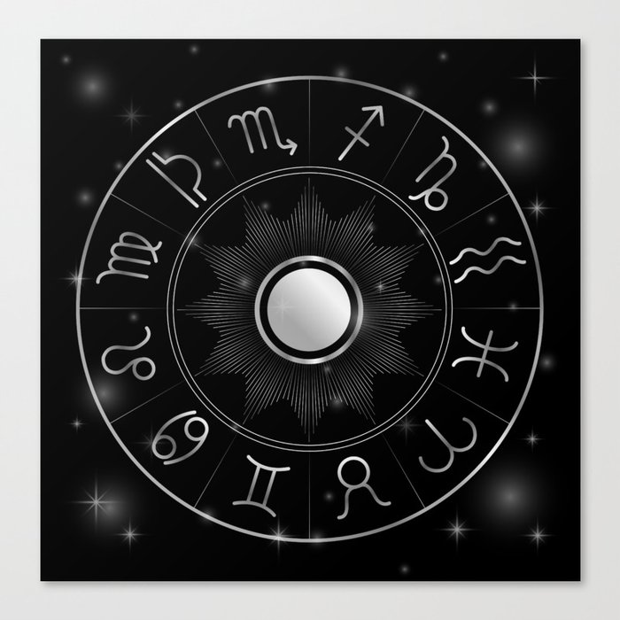 Zodiac astrology circle Silver astrological signs with moon sun and stars Canvas Print