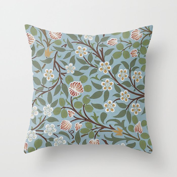 William Morris Vintage Blue Clover Floral Pattern -Botanical Victorian Design Throw Pillow