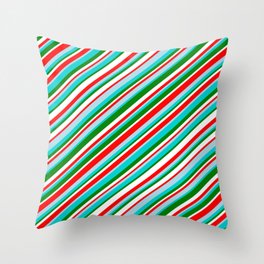 [ Thumbnail: Vibrant Red, Light Blue, Dark Turquoise, Green & White Colored Striped Pattern Throw Pillow ]