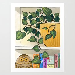 AN OWL WITH PLANTS AND BOOKS by Lisette Art Print
