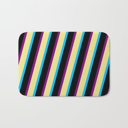 [ Thumbnail: Tan, Deep Sky Blue, Black, and Purple Colored Striped Pattern Bath Mat ]