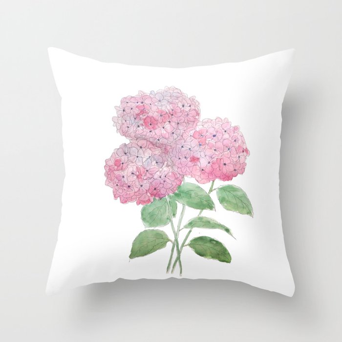 3 pink hydrangea flower ink and watercolor Throw Pillow