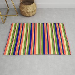 [ Thumbnail: Pale Goldenrod, Green, Dark Blue & Red Colored Stripes/Lines Pattern Rug ]