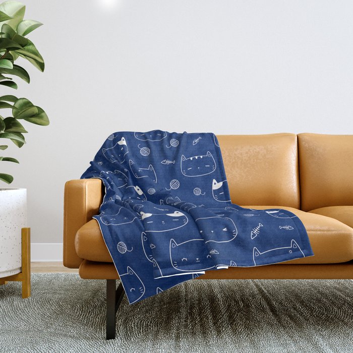 Blue and White Doodle Kitten Faces Pattern Throw Blanket