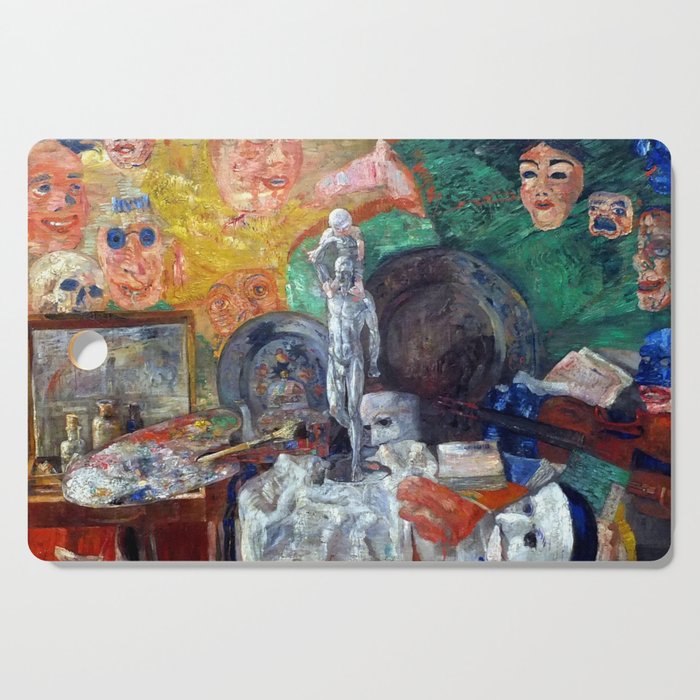 Attributes of an artist's studio & palette surrealism portrait painting by James Ensor Cutting Board