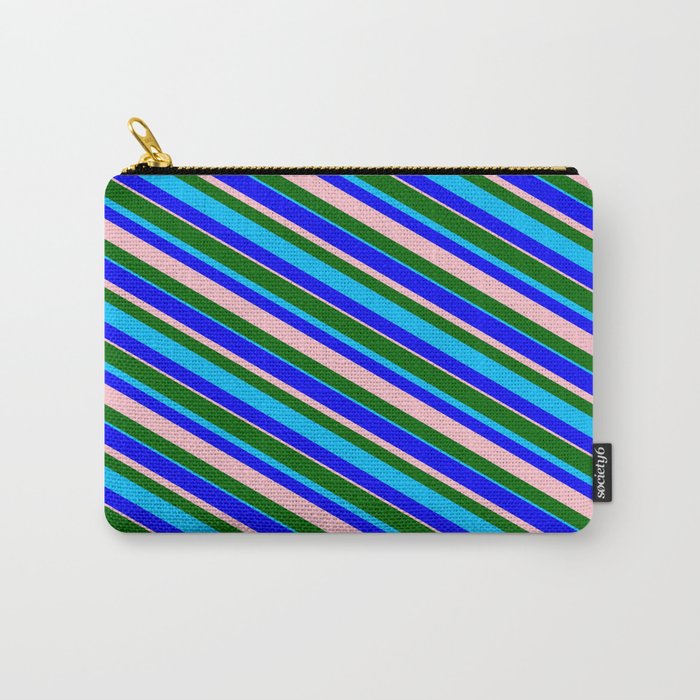 Dark Green, Deep Sky Blue, Blue & Pink Colored Stripes/Lines Pattern Carry-All Pouch