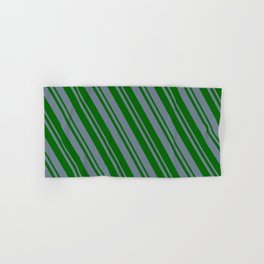 [ Thumbnail: Slate Gray and Dark Green Colored Striped/Lined Pattern Hand & Bath Towel ]