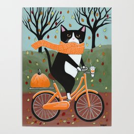 Tuxedo Cat Autumn Bicycle Ride Poster