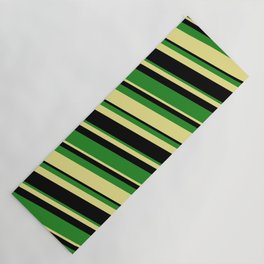 [ Thumbnail: Black, Forest Green, and Tan Colored Stripes Pattern Yoga Mat ]