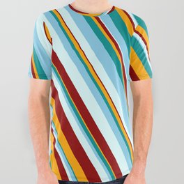 [ Thumbnail: Vibrant Dark Cyan, Sky Blue, Light Cyan, Dark Red & Orange Colored Lined/Striped Pattern All Over Graphic Tee ]