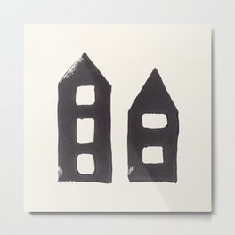 Tiny Houses #3 | Hand-printed Linocut Metal Print | Window, Black And White, Block Printing, Printmaking, Ink, Texture, Painting, Urban, Shapes, Building 