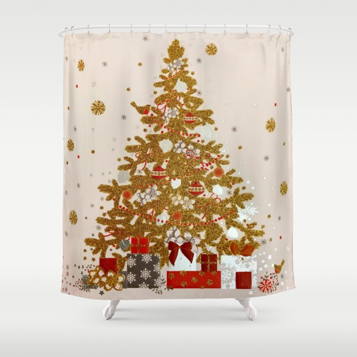 Cozy Christmas Gold Glittered Tree Presents Shower Curtain