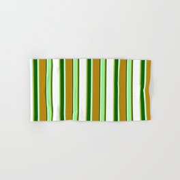 [ Thumbnail: Dark Goldenrod, Green, White & Dark Green Colored Striped Pattern Hand & Bath Towel ]
