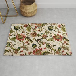 Red Green Jacobean Floral Embroidery Pattern Area & Throw Rug