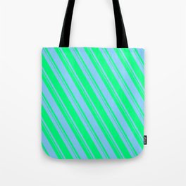 [ Thumbnail: Light Sky Blue and Green Colored Pattern of Stripes Tote Bag ]