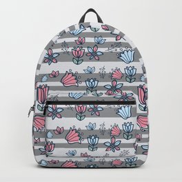 Gray stripes with pink and blue flowers Backpack