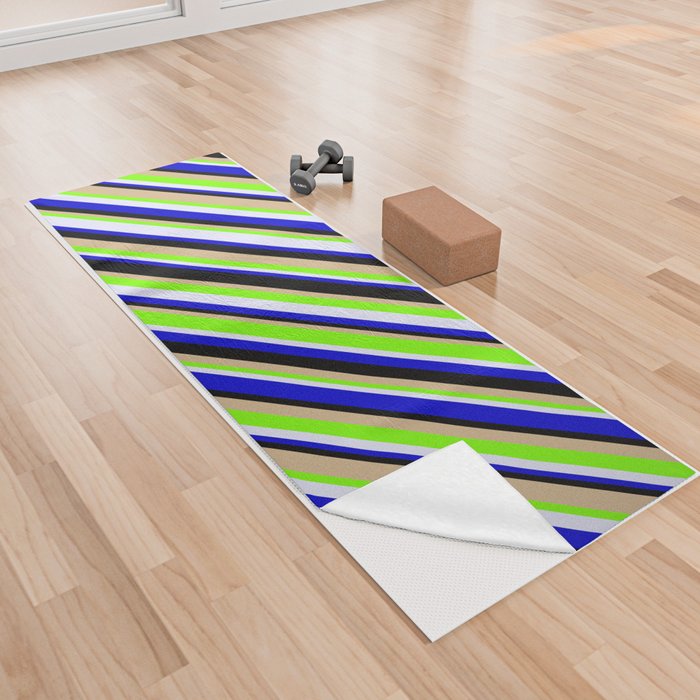 Eye-catching Green, Lavender, Blue, Black, and Tan Colored Lined/Striped Pattern Yoga Towel