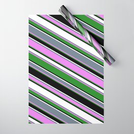 [ Thumbnail: Vibrant Slate Gray, Violet, Forest Green, Black, and White Colored Stripes Pattern Wrapping Paper ]