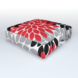 Red Black Gray Flower Pattern, Dahlia Flower Petals, Red Black Floral Pattern Outdoor Floor Cushion