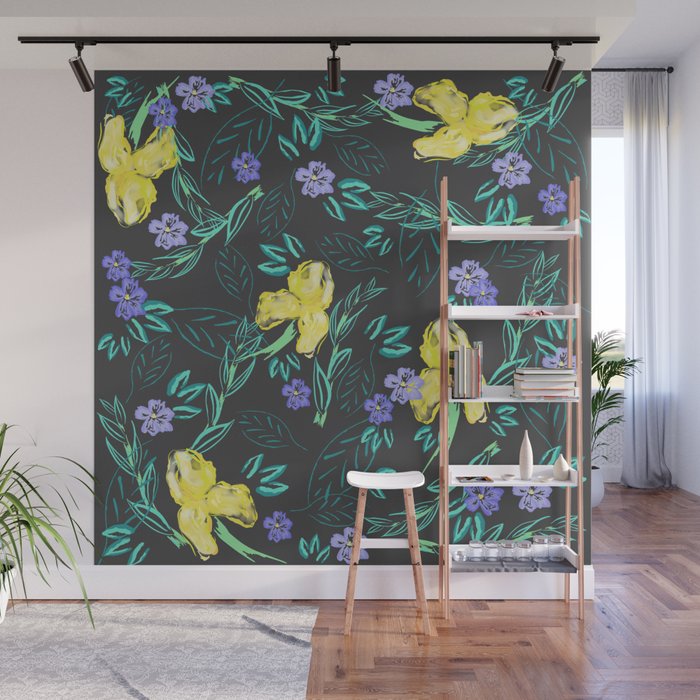 Yellow iris and periwinkle watercolour & ink pattern in black Wall Mural
