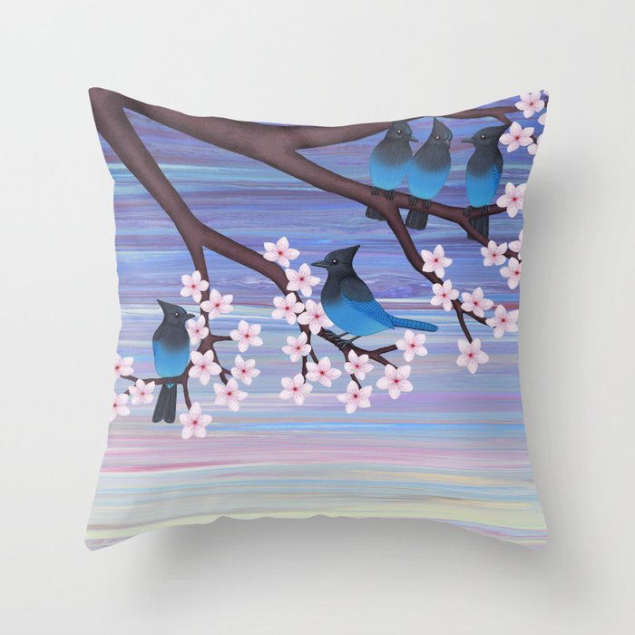 Steller’s jays and cherry blossoms Throw Pillow