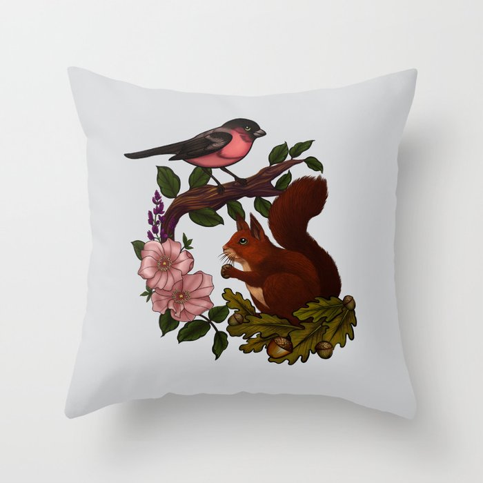 Squirrel and Finch Throw Pillow