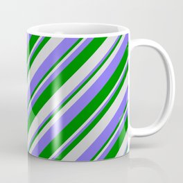 [ Thumbnail: Light Gray, Medium Slate Blue & Green Colored Lines/Stripes Pattern Coffee Mug ]