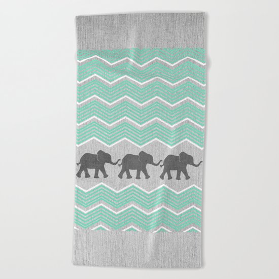 Three Elephants - Teal and White Chevron on Grey Beach Towel