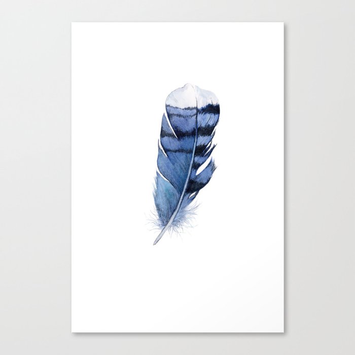 Blue Feather, Blue Jay Feather, Watercolor Feather, Art Watercolor Painting by Suisai Genki Canvas Print