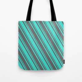 [ Thumbnail: Dim Gray and Turquoise Colored Stripes Pattern Tote Bag ]